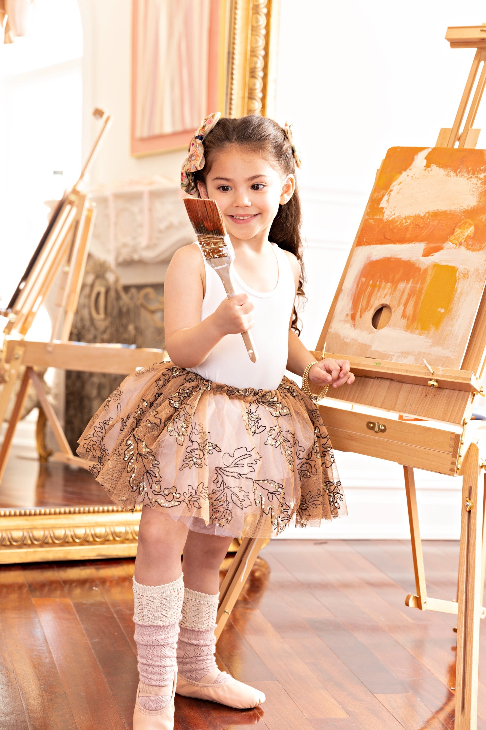 The Coppelia Tutu Skirt in Light Chestnut with Embroidered and Sequined Foliage