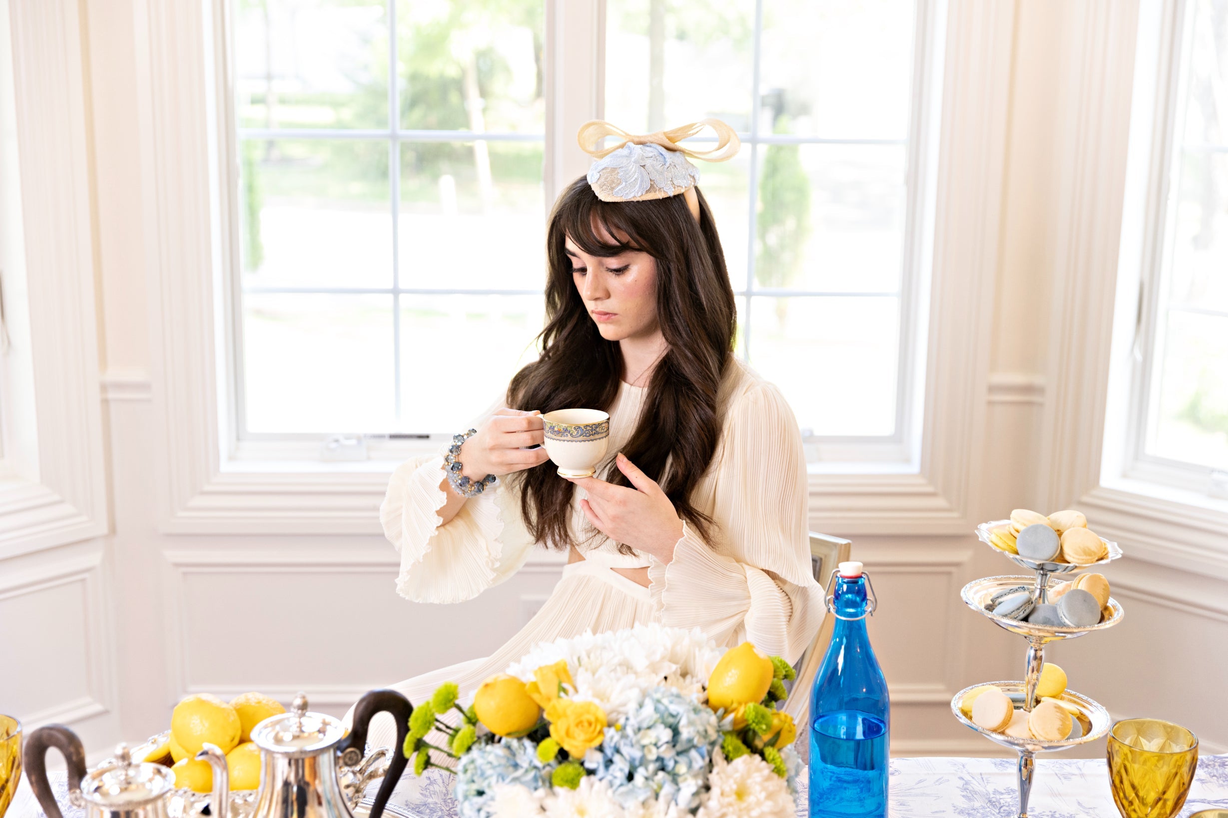 The Katherine Fascinator with Sky Blue Embellished Lace and Larger Than Life Bow