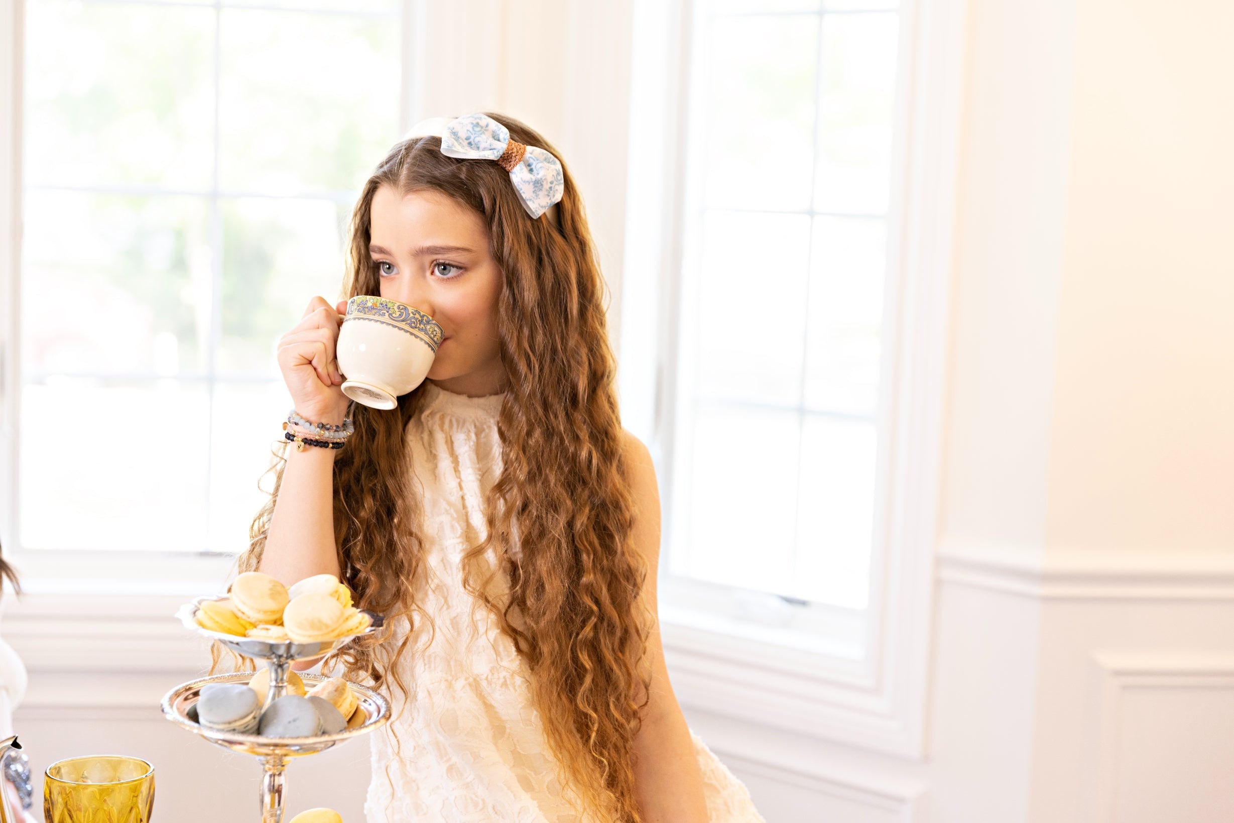 The Priela Toile de Jouy Bow on Ivory Satin Headband