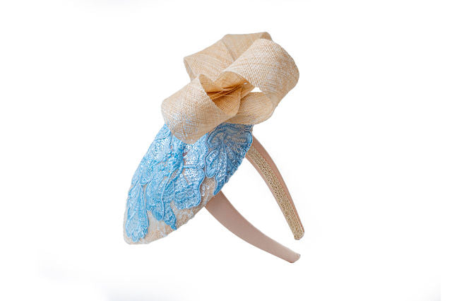 The Katherine Fascinator with Sky Blue Embellished Lace and Larger Than Life Bow