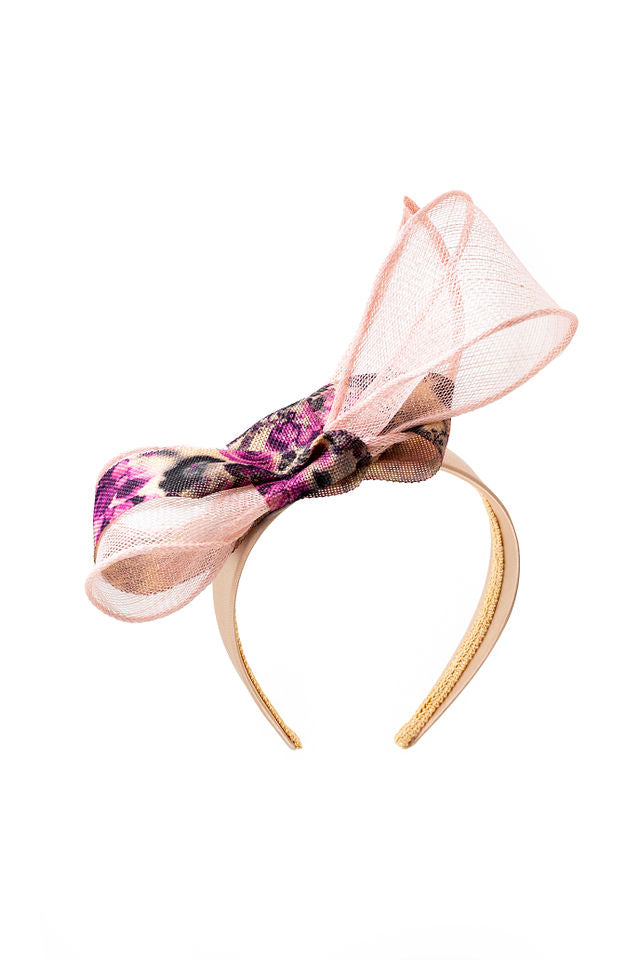 The Darcy Headband with Large Sinamay Bow and Purple Floral Ribbon