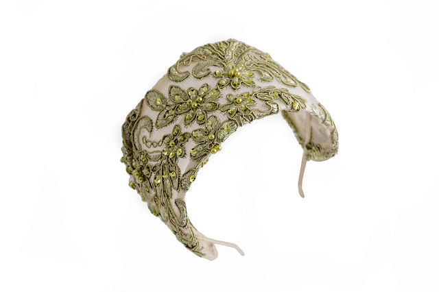 The Elizabeth Fascinator with Sage Green Embellished Lace