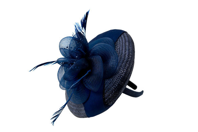 The Emma Fascinator in Navy with Rose and Ribbon Streaming the Top