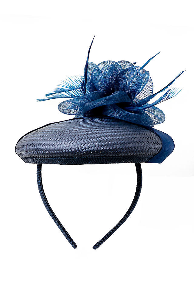 The Emma Fascinator in Navy with Rose and Ribbon Streaming the Top