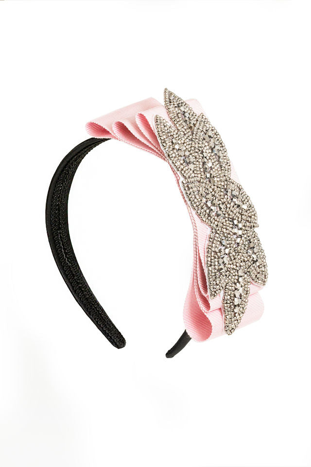 The Penelope Bow in Pink with Grey Beaded Applique