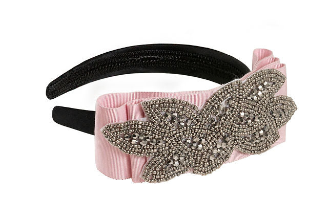 The Penelope Bow in Pink with Grey Beaded Applique