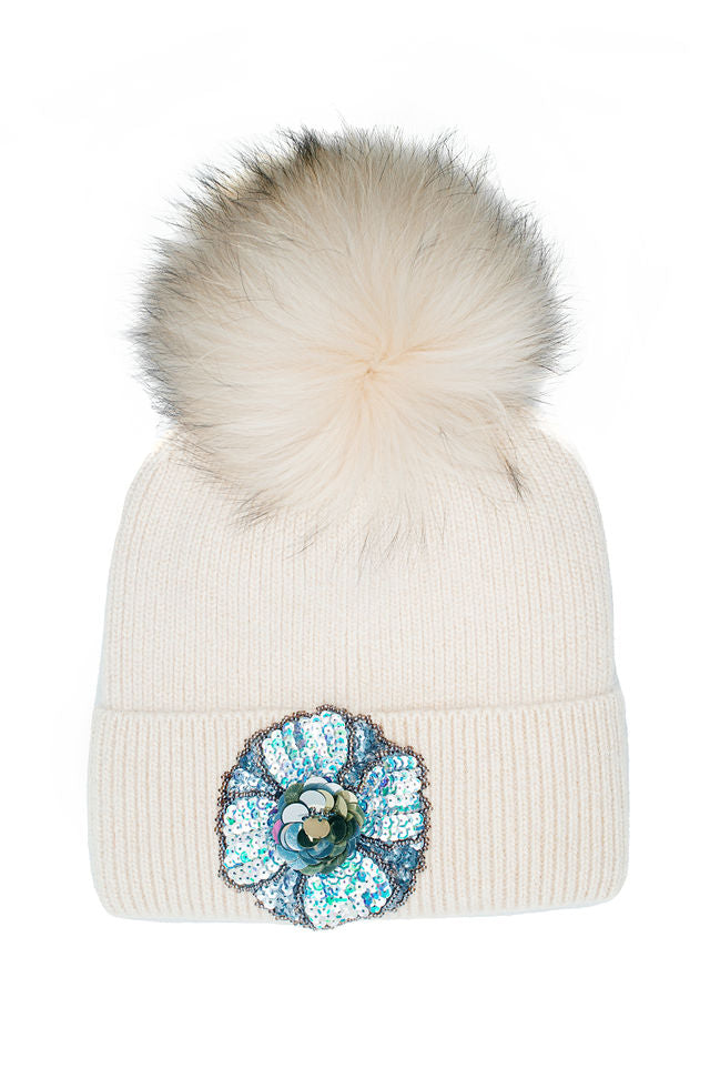 The Obi Hat with Blue Flower Applique and Luxurious Pom