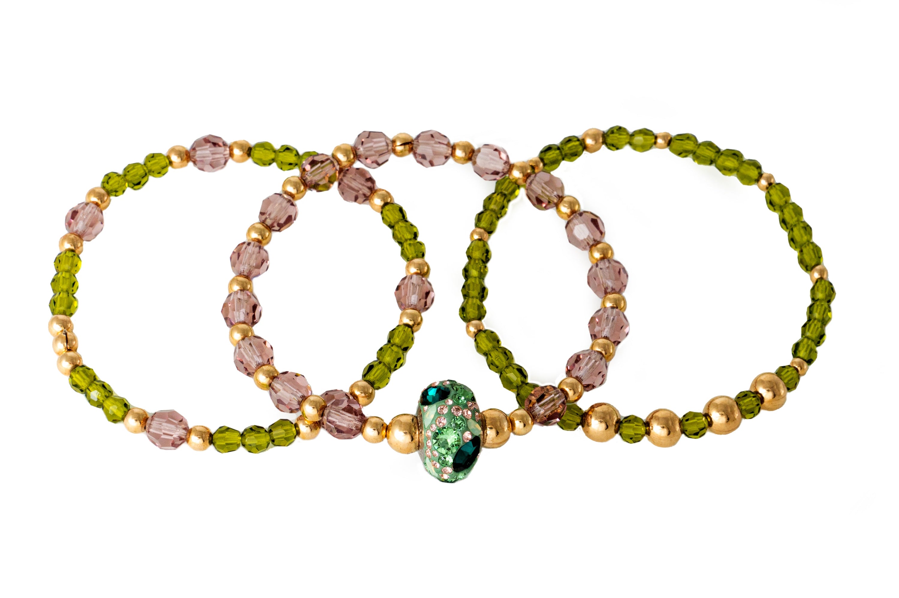 The Erdan Bracelet Stack of Three in Hues of Green with Swarovski Floral Charm