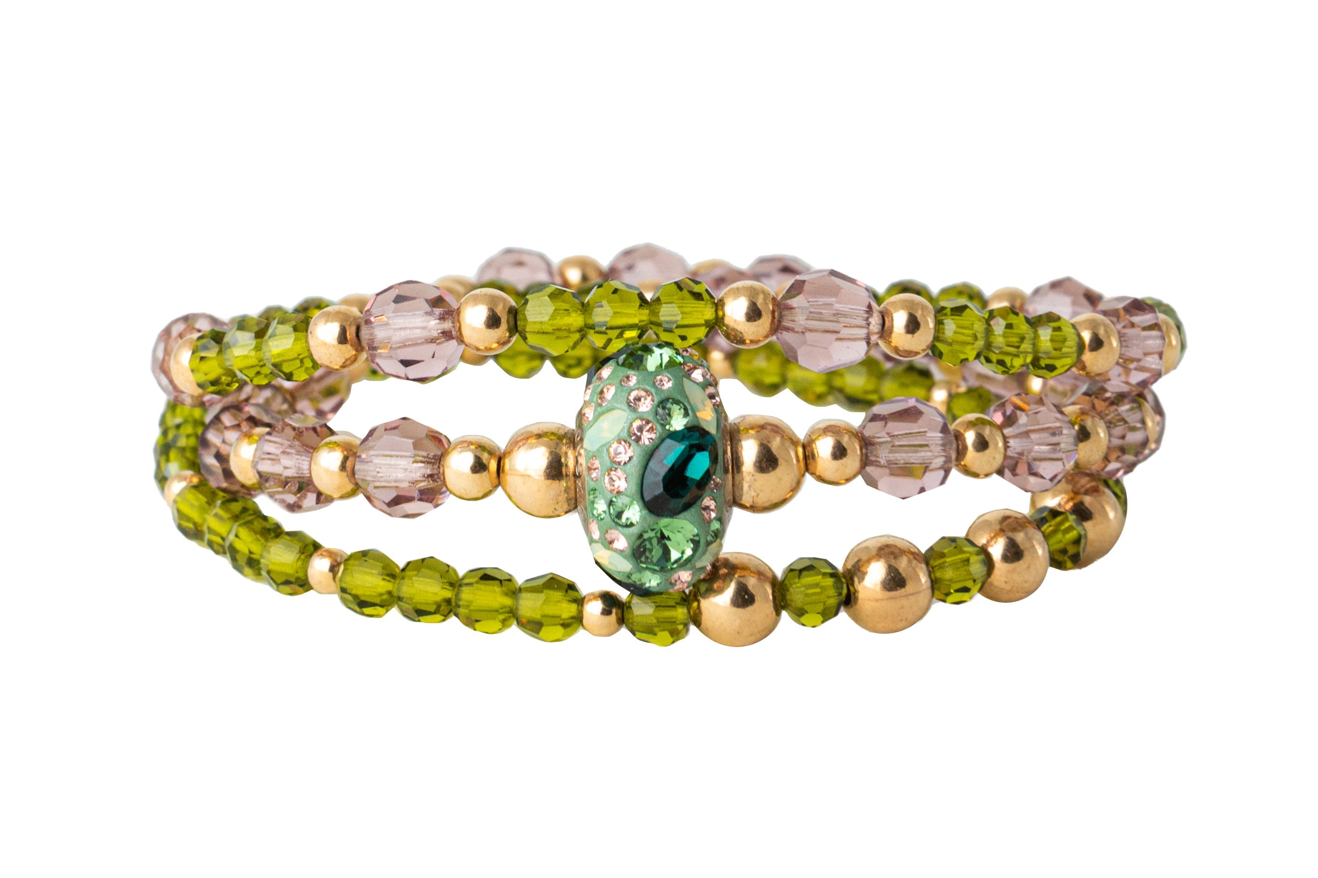 The Erdan Bracelet Stack of Three in Hues of Green with Swarovski Floral Charm