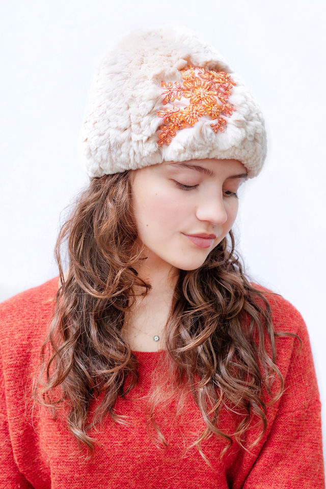 The Oakley Hat in Ivory with Floral Orange Applique