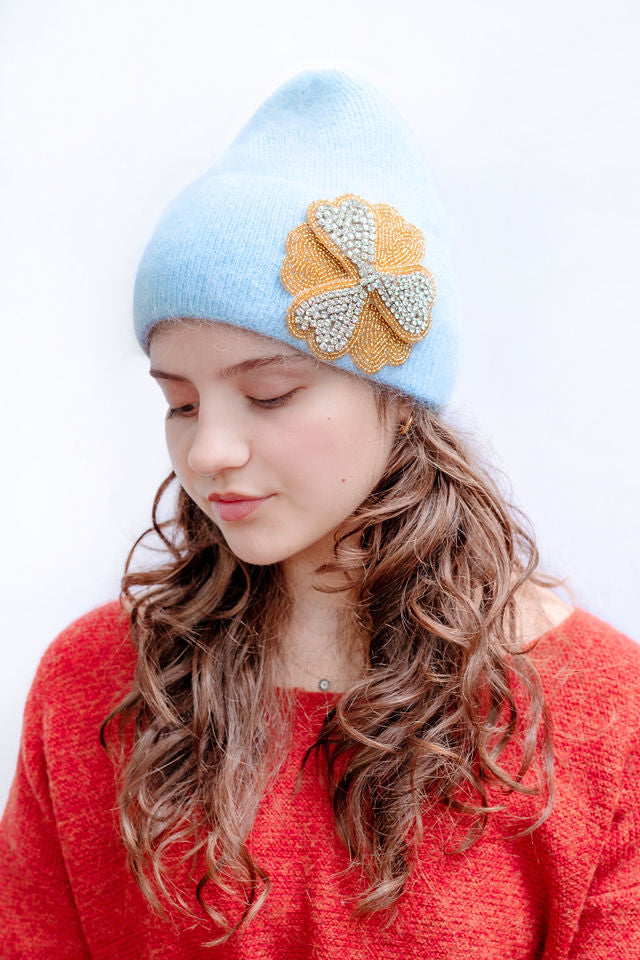 The Maple Hat with Gold Beaded Flower Applique