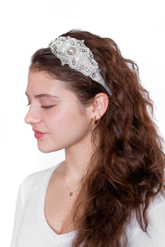 The Ella Headband in White with Crystal Applique