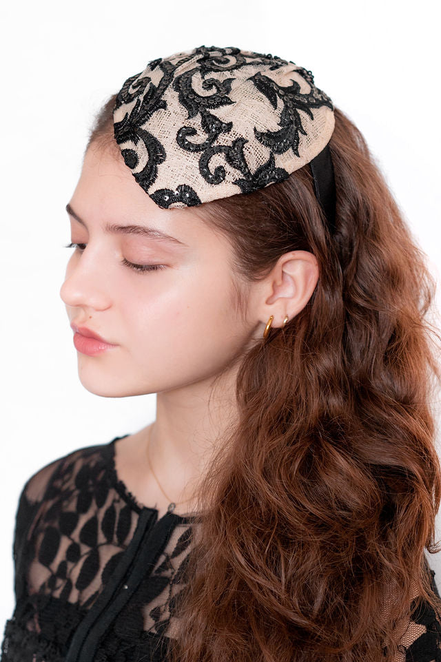 The Katherine Fascinator with Ivory and Black Lace