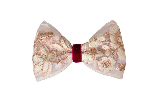 The Priela Bow in the Lightest of Pink with Beige Floral Embroidery