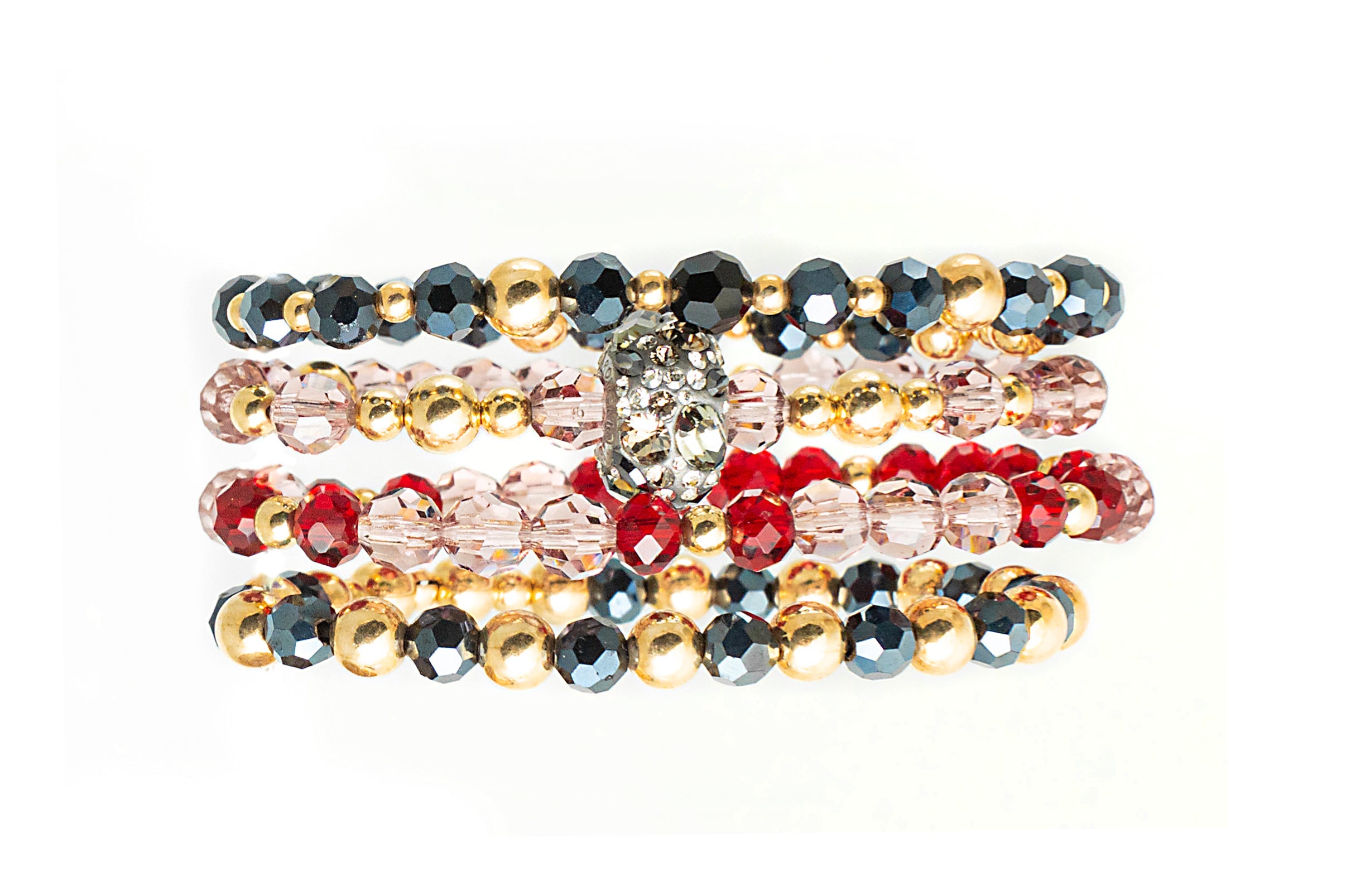 The Erdan Bracelet Stack of Four in Pink, Red, Black and Gold with Grey Swarovski Crystal Charm