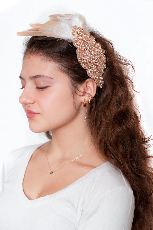 The Elsie Headband with Ivory Plumage and Gold Applique