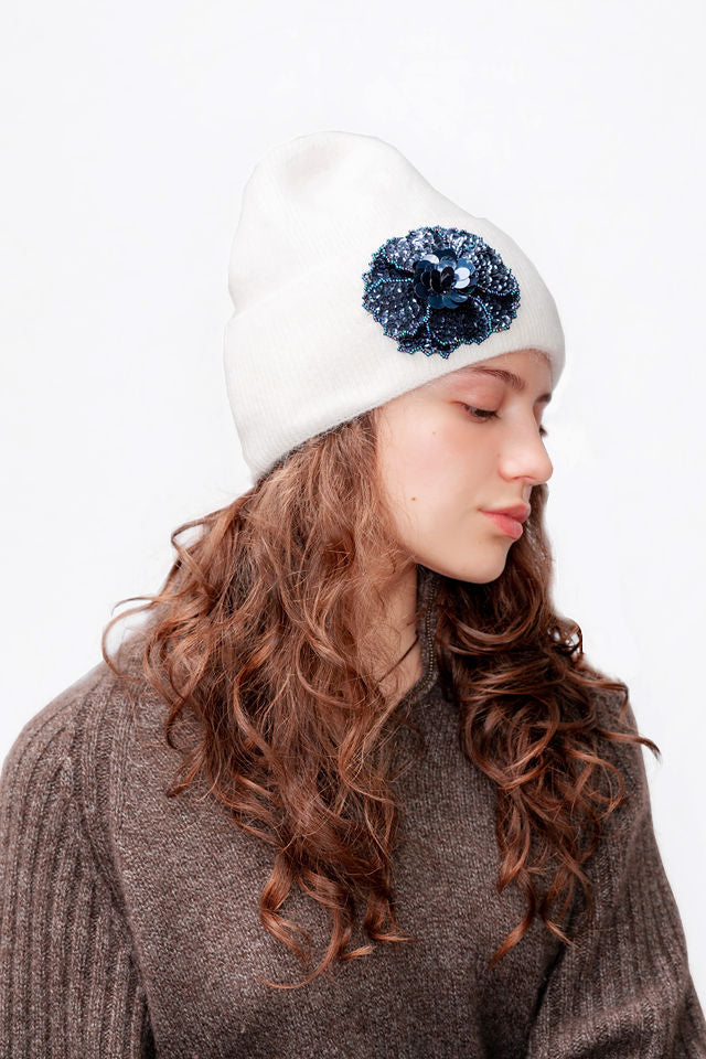 The Maple White Hat with Midnight Blue Floral Applique