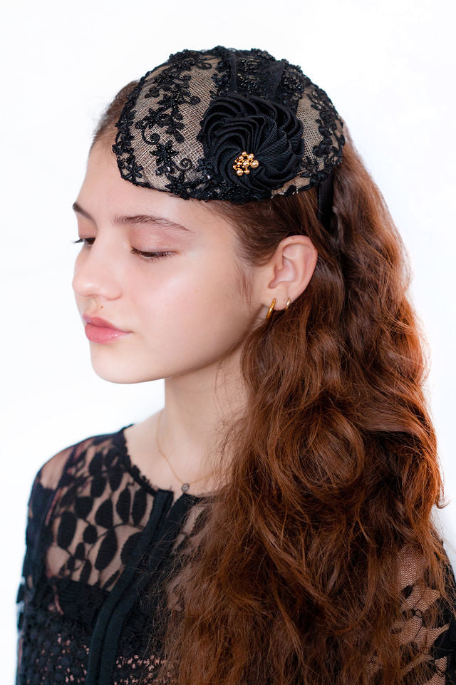 The Katherine Fascinator with Beaded Black Lace and Black Fleur Flowers with Gold