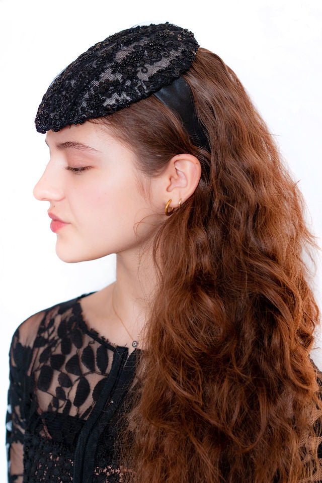 The Katherine Fascinator with Floral Beaded Lace in a Queue