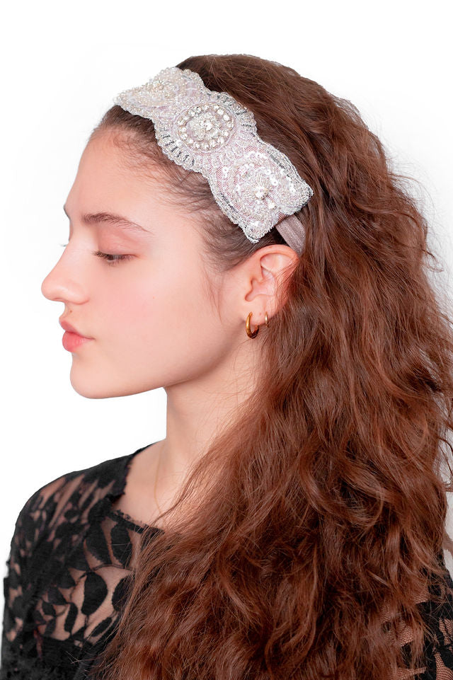 The Ella Headband with Perfect Embroidered Lace and Mauve Underlay