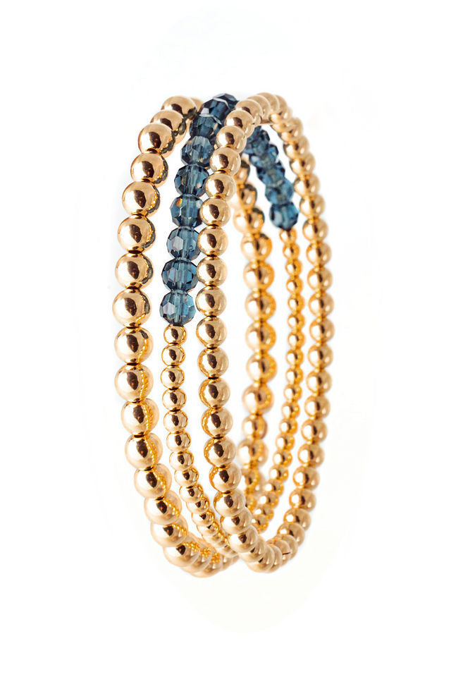 The Zahav Bracelet Stack of Three with Gold Filled Beads and Navy Crystals