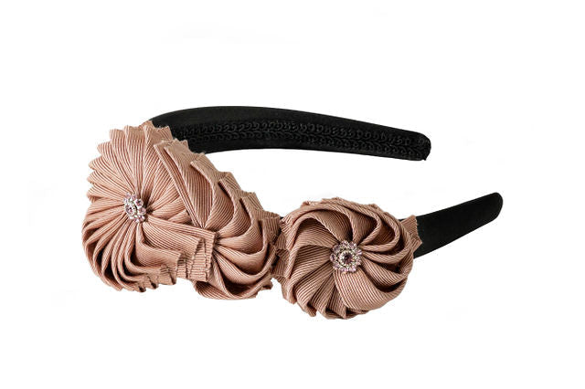 The Rose Headband in Black with Mauve Flowers with Crystal Centers