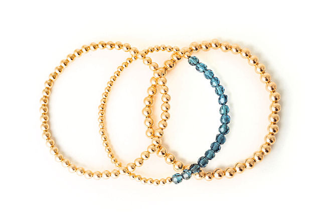 The Zahav Bracelet Stack of Three with Gold Filled Beads and Navy Crystals