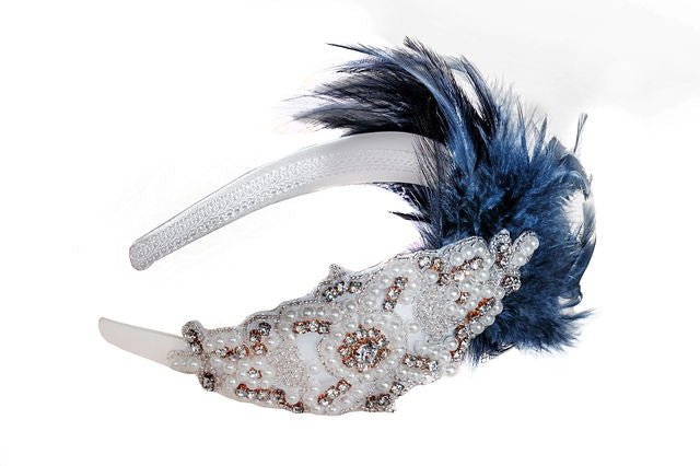 The Ella Headband in White with Navy Plumage and Crystal Applique