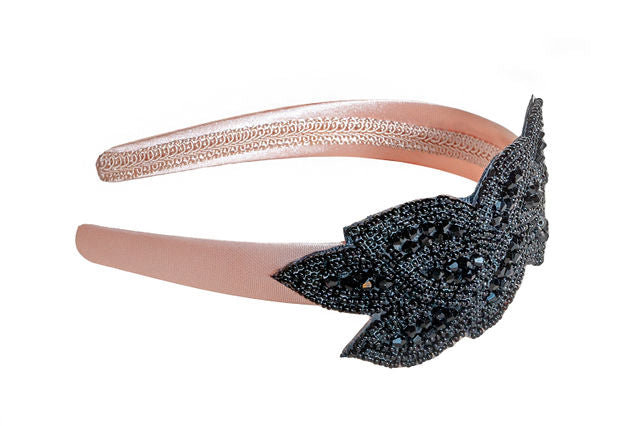 The Ella Headband in Ballet Pink with Black Beaded Foliage Applique