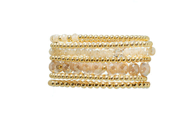 The Zahav Bracelet Stack of Seven with Gold Filled Beads and Beige Crystal Beads