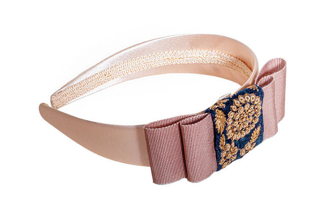 The Penelope Bow in Mauve with Blue and Gold Embroidered Velvet Ribbon