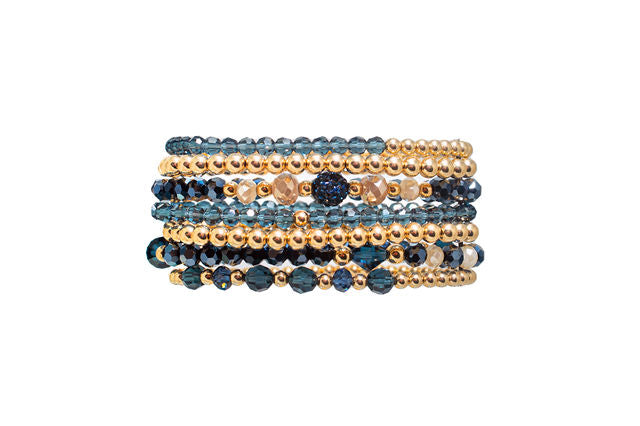 The Zahav Bracelet Stack of Seven with Gold Filled Beads and Navy Crystal Beads