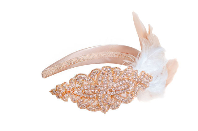 The Elsie Headband with Ivory Plumage and Gold Applique