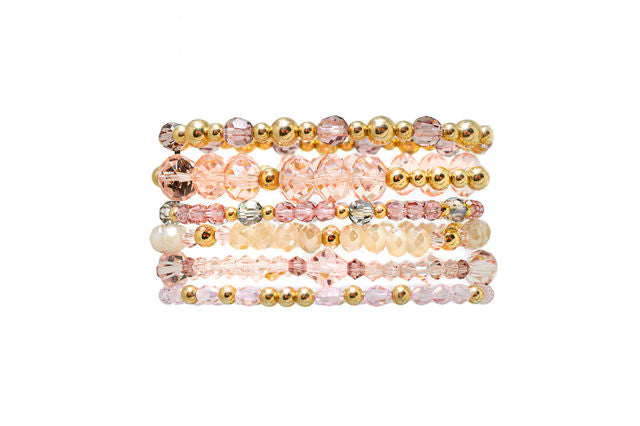 The Zahav Bracelet Stack of Six with Gold Filled Beads and a Menagerie of Pink Crystal Beads