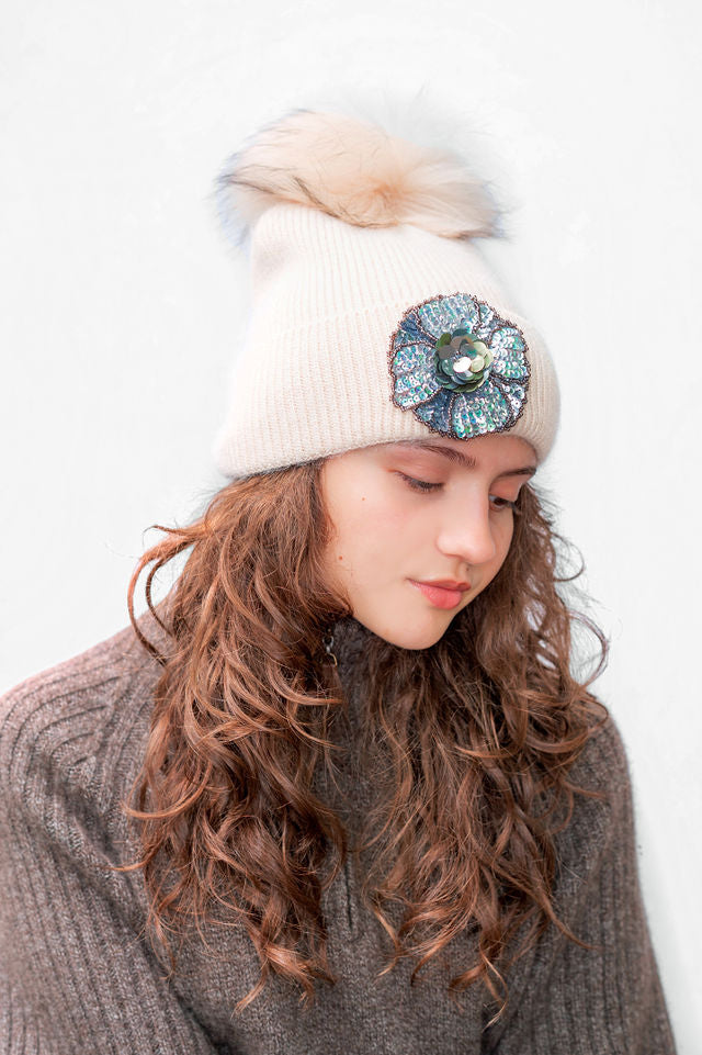 The Obi Hat with Blue Flower Applique and Luxurious Pom