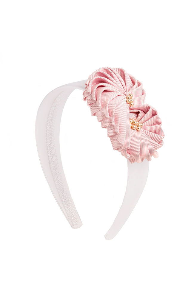 The Rose Headband in White with Two Pink Flowers with Gold Filled Beaded Center