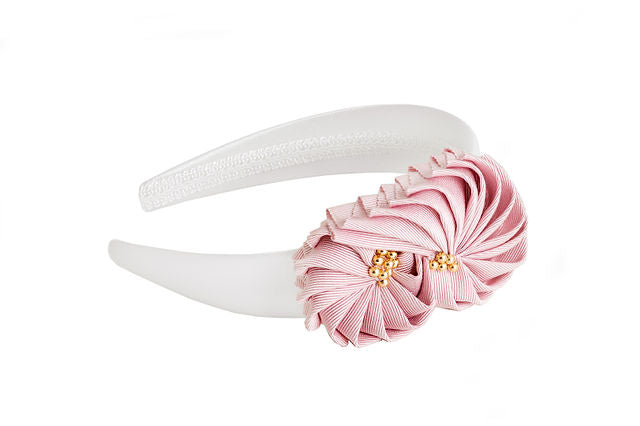 The Rose Headband in White with Two Pink Flowers with Gold Filled Beaded Center