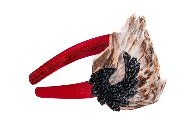 The Elsie Headband in Burgundy with Brown and Beige Plumage and Beaded Black Applique