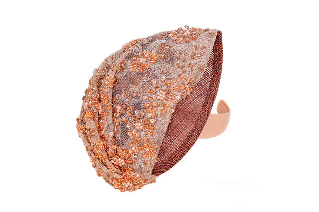 The Katherine Fascinator in Brown with Beaded Gold Lace Overlay