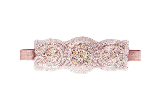 The Ella Headband with Perfect Embroidered Lace and Mauve Underlay