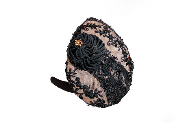 The Katherine Fascinator with Beaded Black Lace and Black Fleur Flowers with Gold