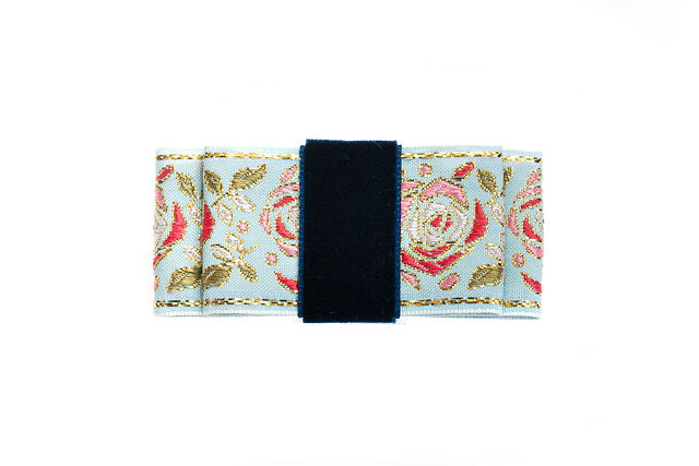 The Penelope Bow with Floral and Metallic Embroidery and Navy Velvet Ribbon