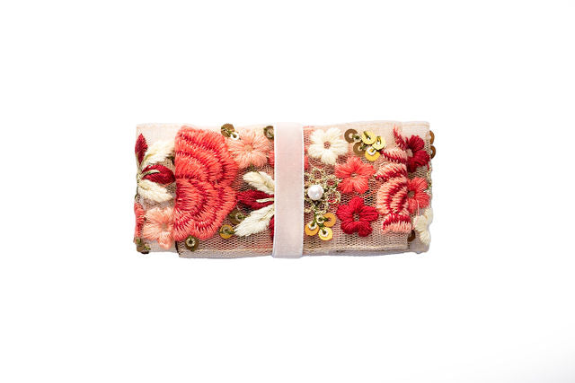 The Penelope Bow with Coral, Vermillion and Peach Floral Embroidery