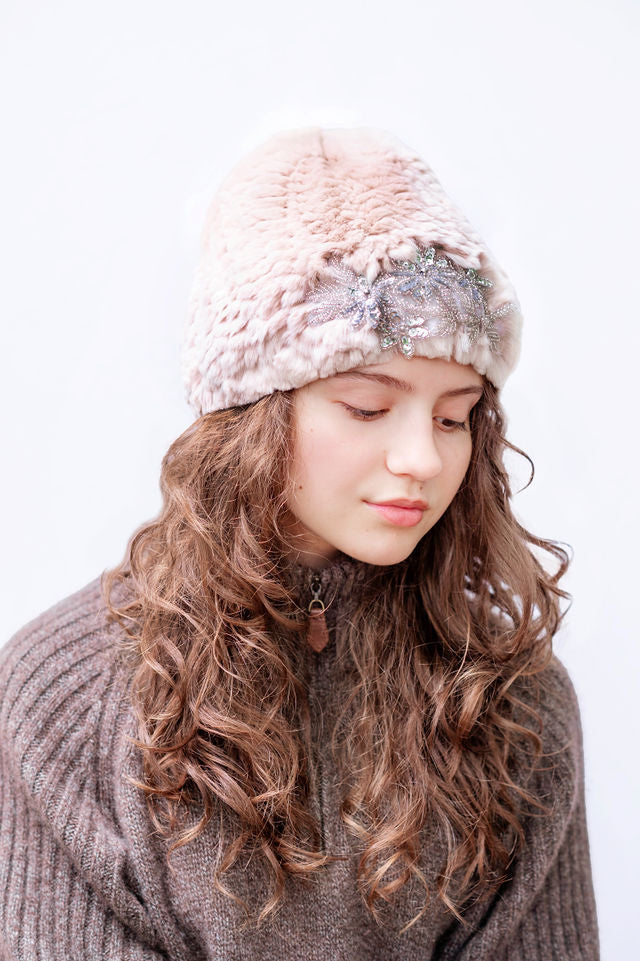 The Oakley Hat in Beige with Floral Silver Applique