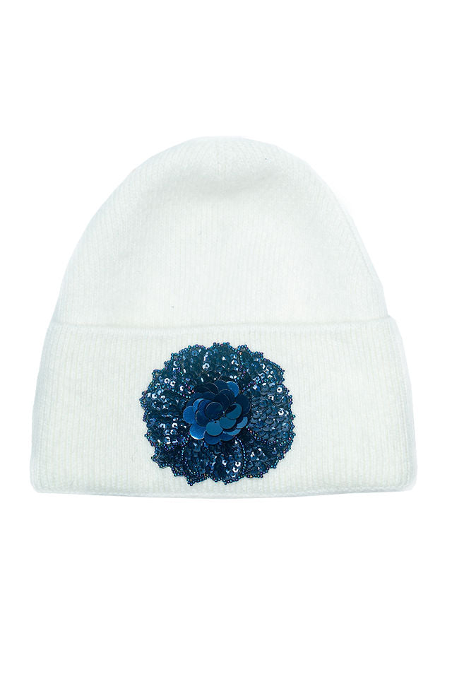 The Maple White Hat with Midnight Blue Floral Applique