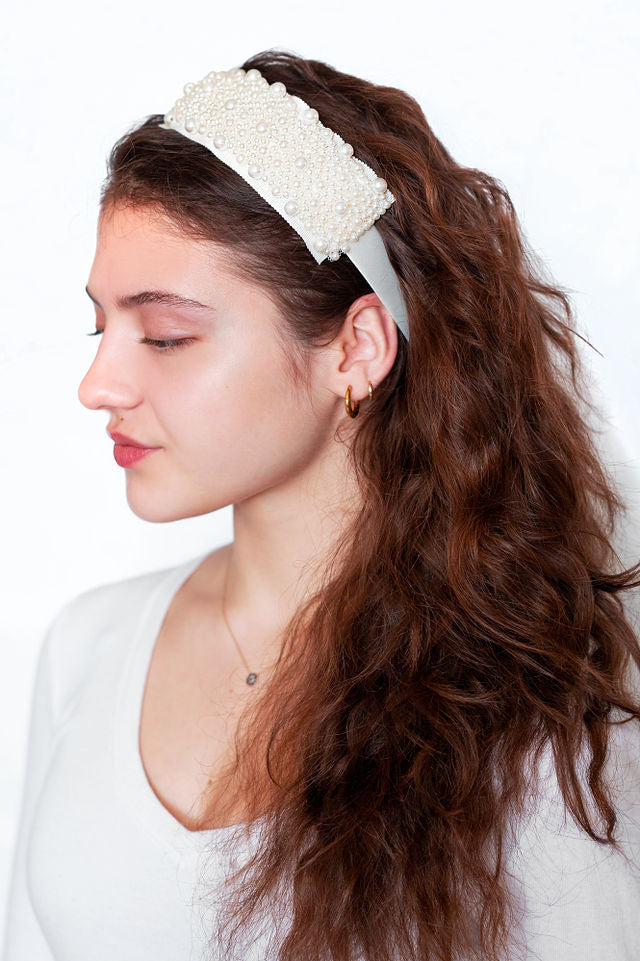 The Ella Headband in Ivory with Pearl Applique